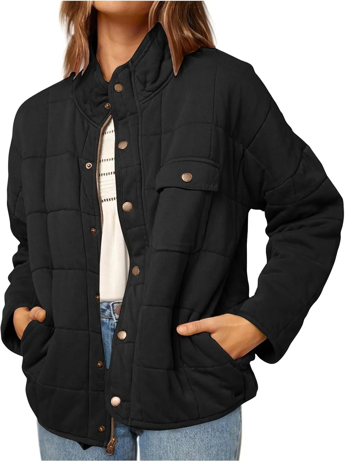 Anjikang Quilted Bomber Jackets for Women Winter Lightweight Packable Thick Puffer Jacket Stand Collar Solid Dolman Outerwear