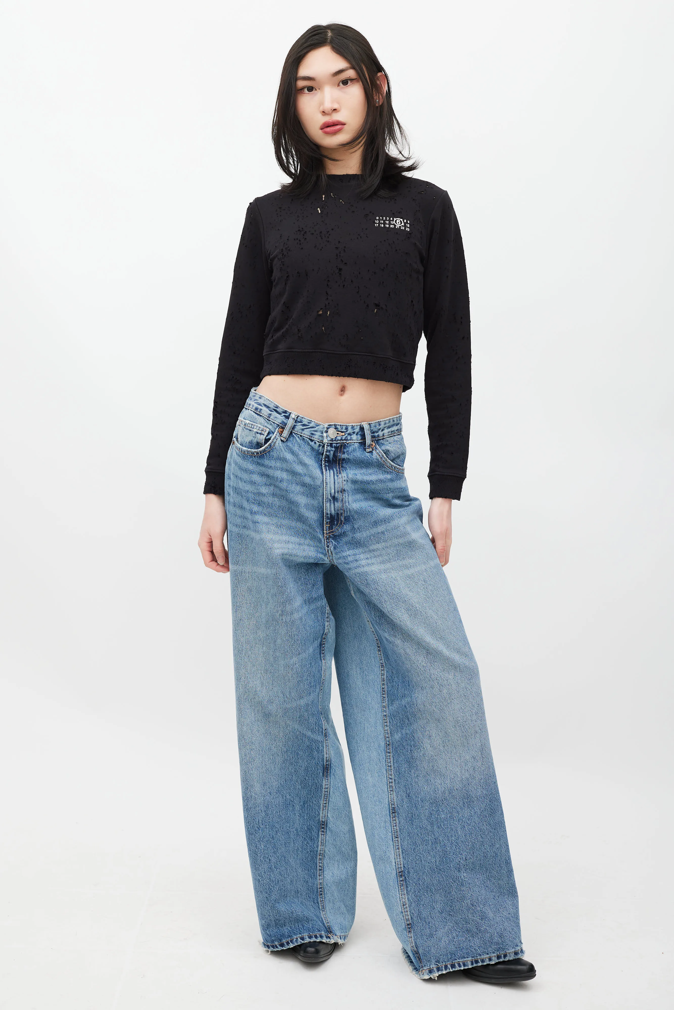 Black & White Distressed Cropped Sweatshirt