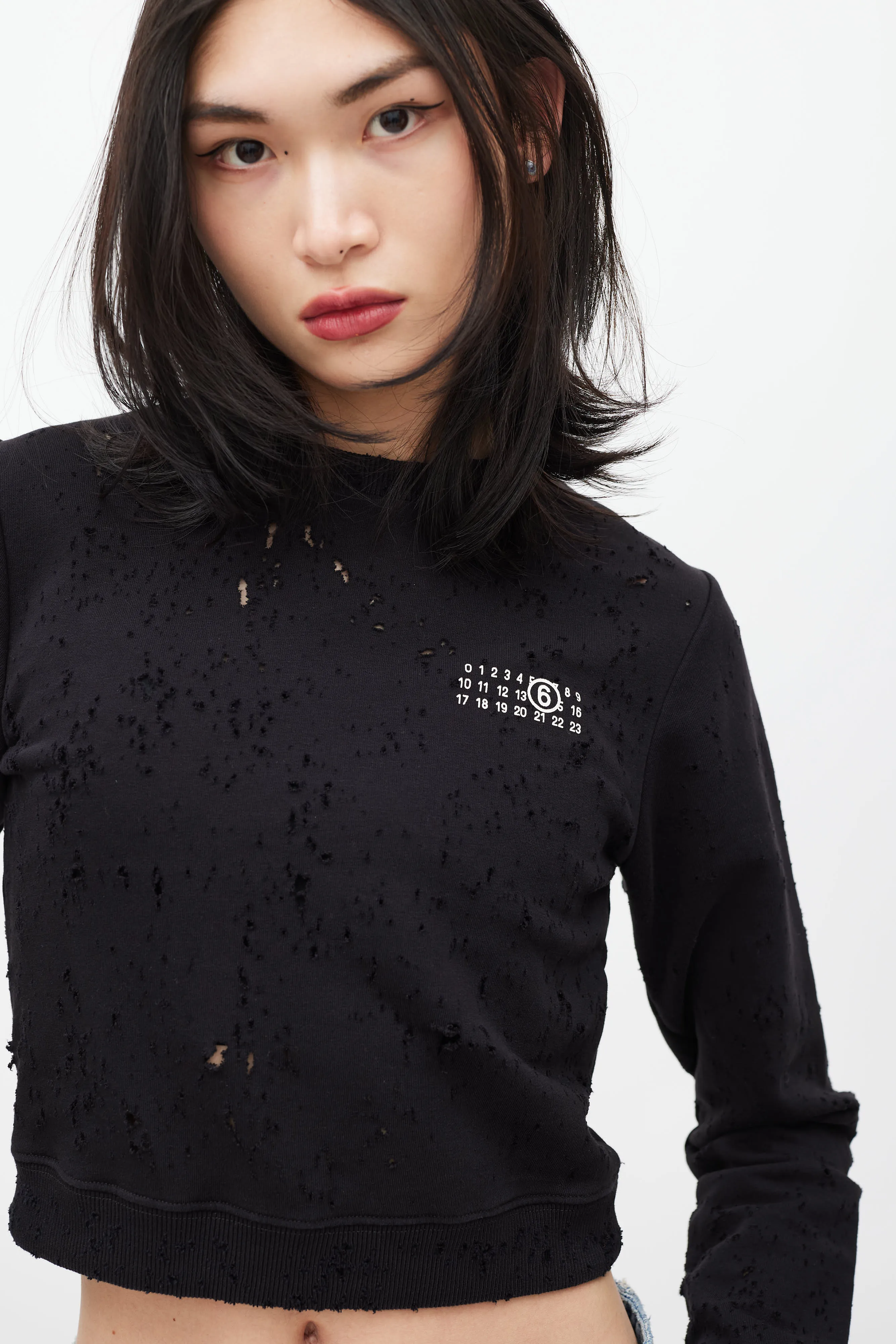 Black & White Distressed Cropped Sweatshirt