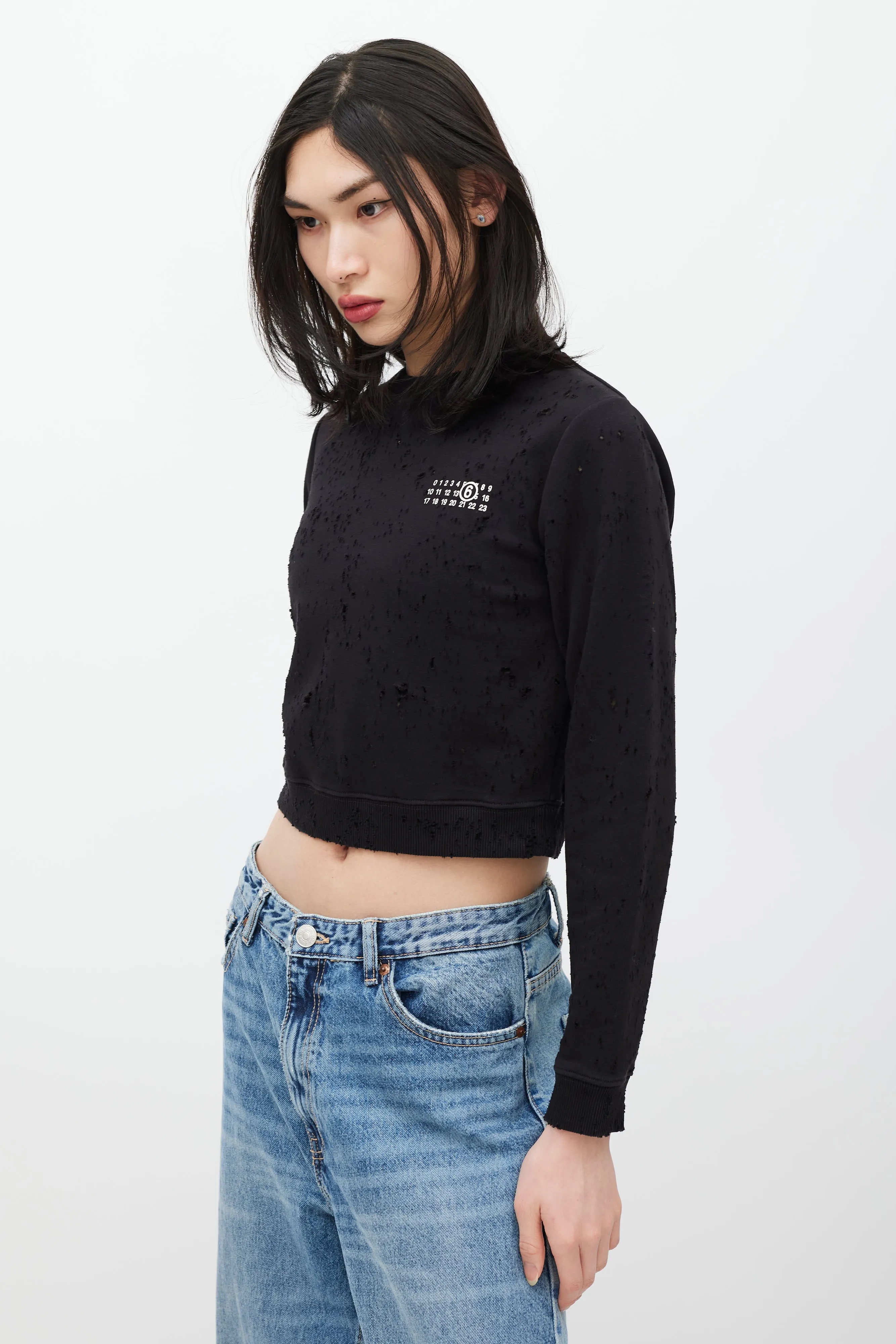 Black & White Distressed Cropped Sweatshirt