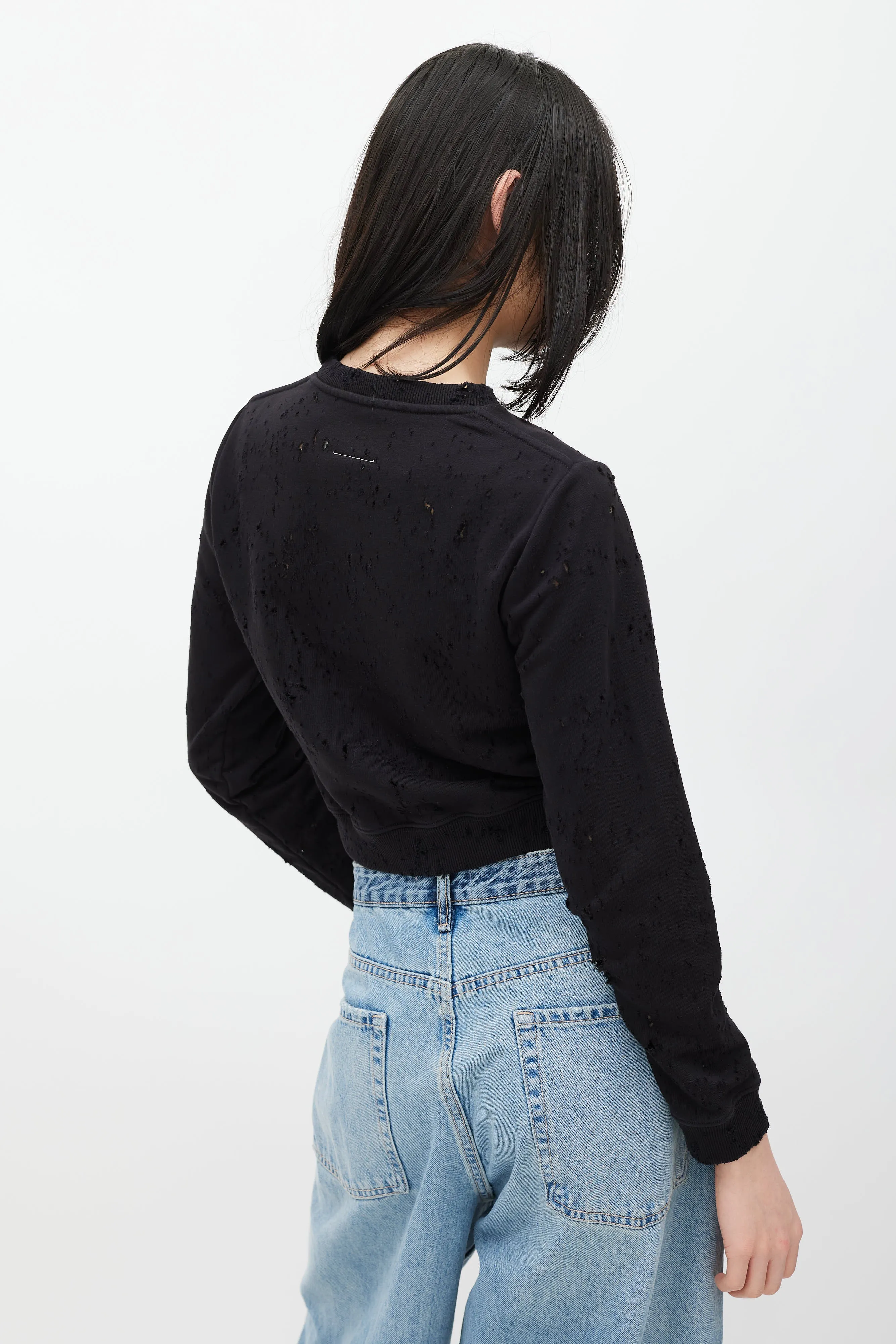 Black & White Distressed Cropped Sweatshirt