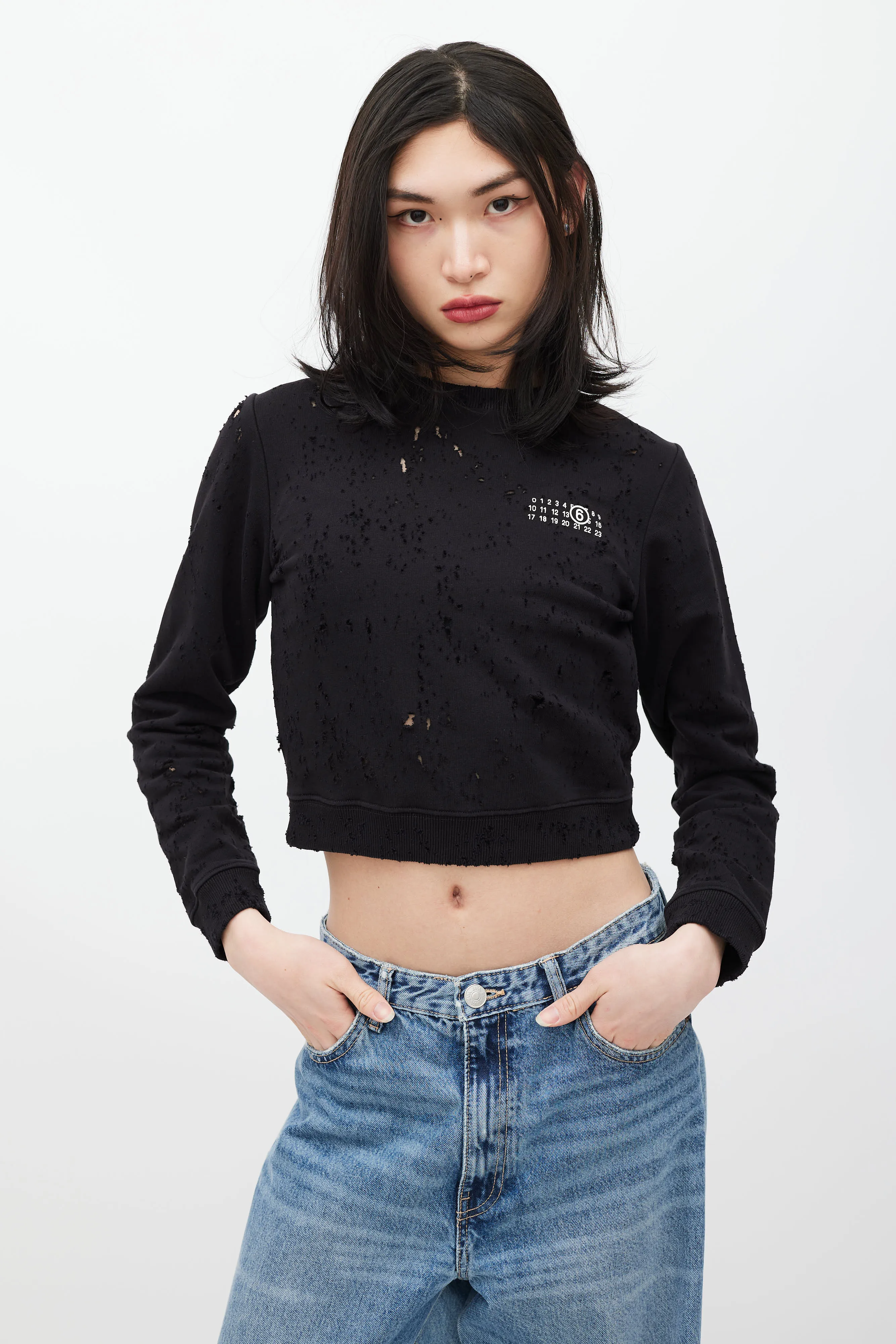 Black & White Distressed Cropped Sweatshirt