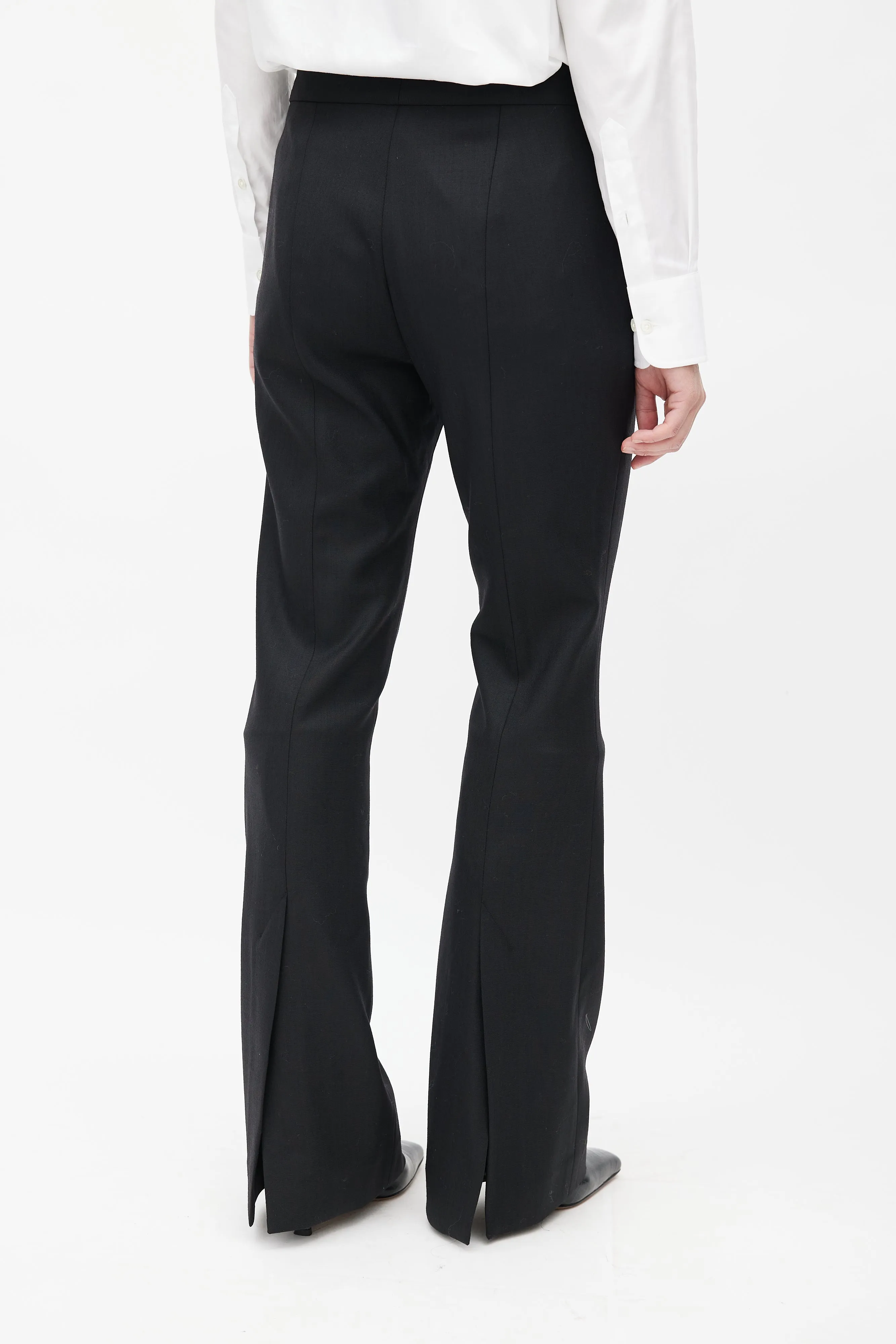 Black Pleated Wool Flared Trouser