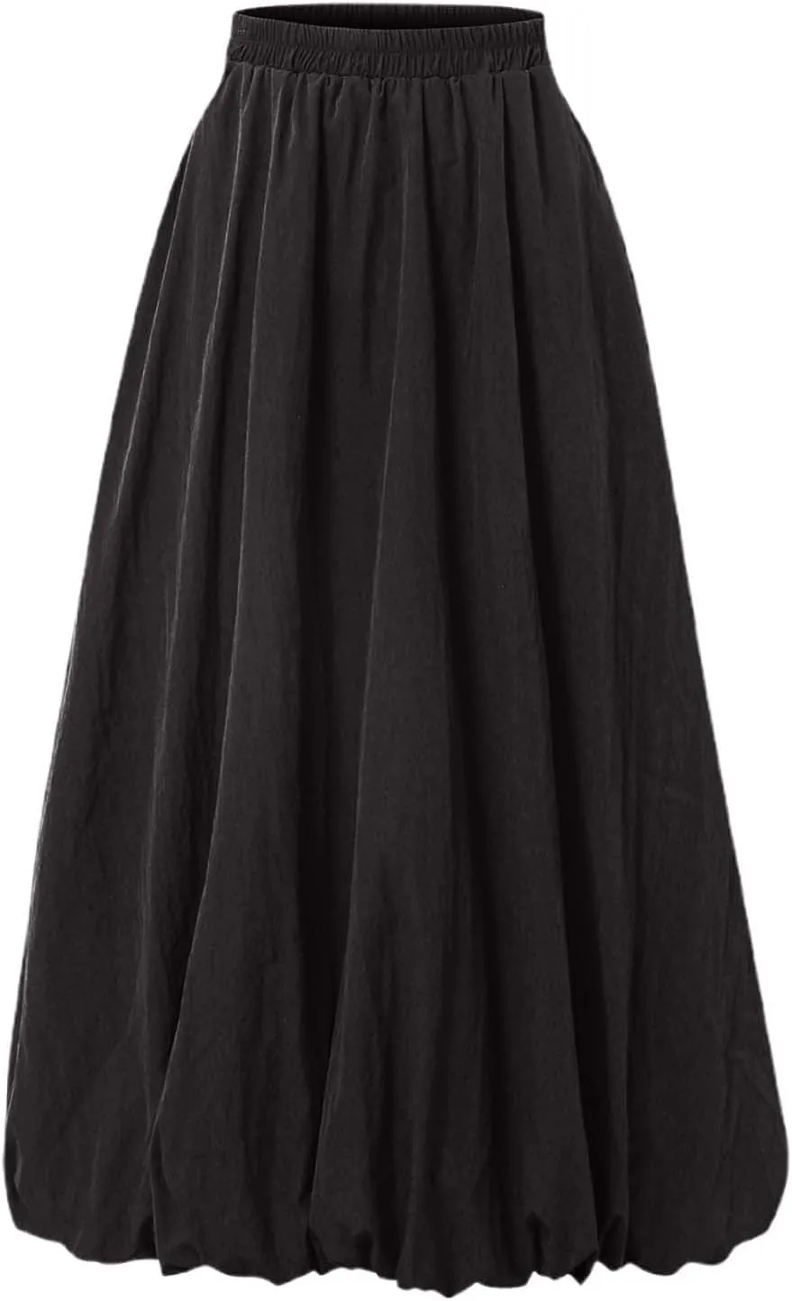 Bubble Skirts for Women Y2K Elastic Waist Pleated Flowy A-Line Puffy Hem Bubble Midi Long Skirt Dress with Pockets