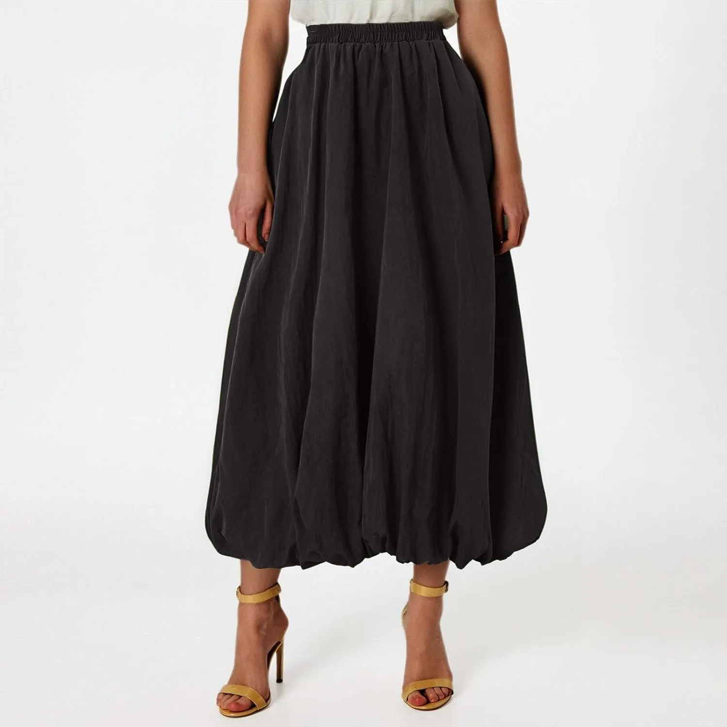 Bubble Skirts for Women Y2K Elastic Waist Pleated Flowy A-Line Puffy Hem Bubble Midi Long Skirt Dress with Pockets