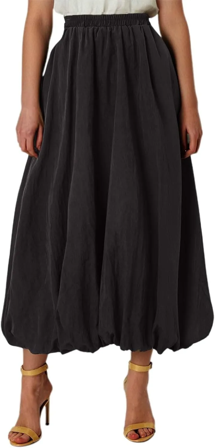 Bubble Skirts for Women Y2K Elastic Waist Pleated Flowy A-Line Puffy Hem Bubble Midi Long Skirt Dress with Pockets