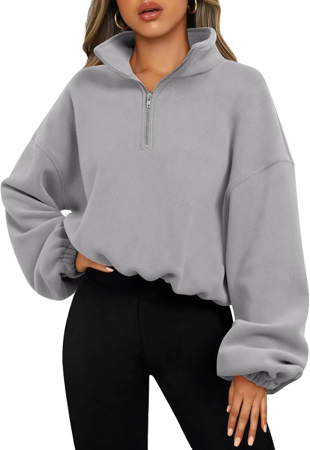 Bubeutou Womens Quarter Zip Pullover Oversized Trendy Fleece Sweatshirt Half Zip Cropped Hoodie Teen Girls Fall Casual Top (Gray,S,Small)