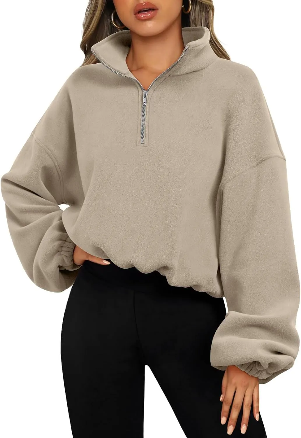 Bubeutou Womens Quarter Zip Pullover Oversized Trendy Fleece Sweatshirt Half Zip Cropped Hoodie Teen Girls Fall Casual Top (Khaki,S,Small)