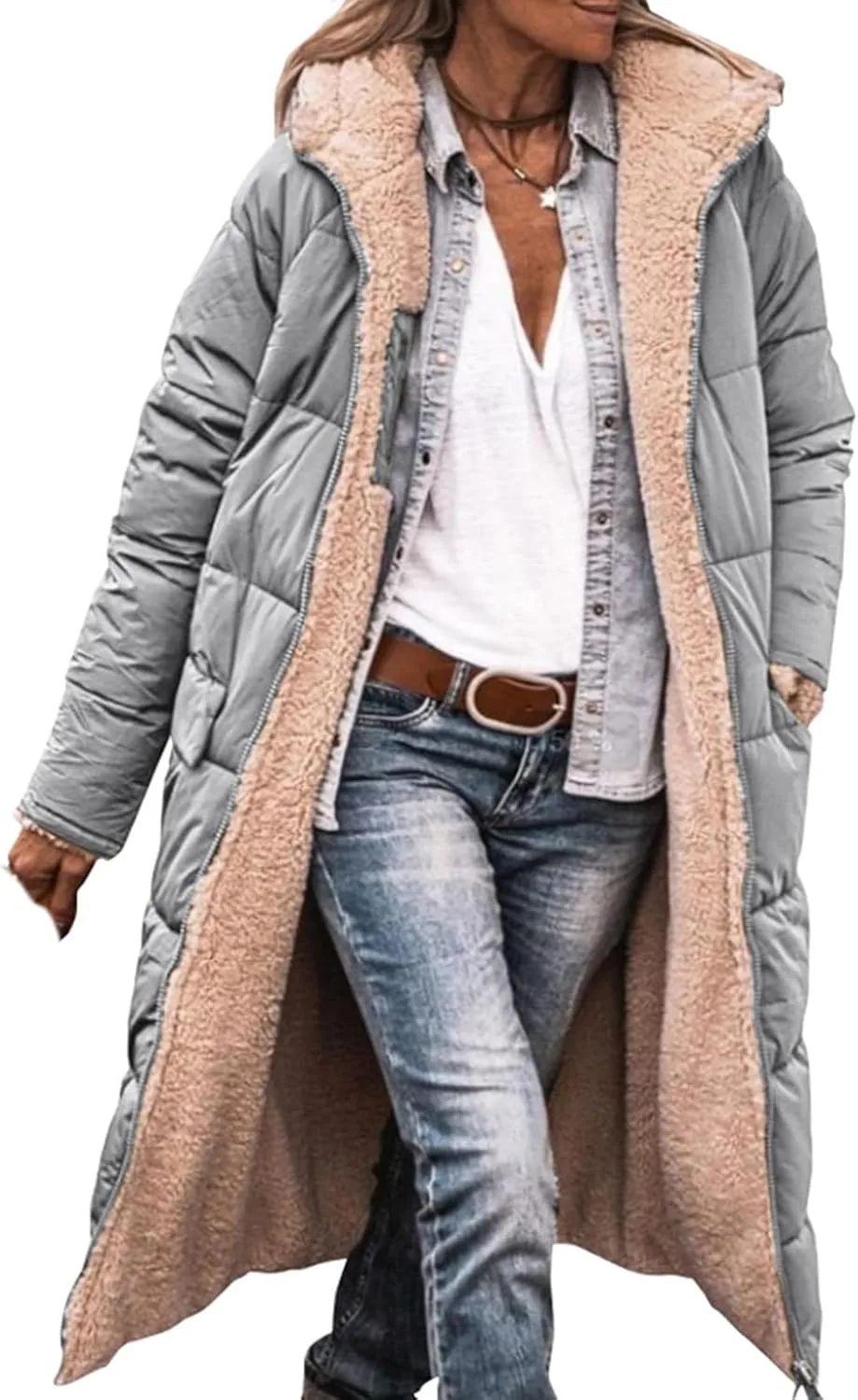 Canbebig Womens Winter Hooded Shearling Fleece Long Coat Quilted Puffer Jacket Reversible Zip Padded Coat Winter Warm Outwear