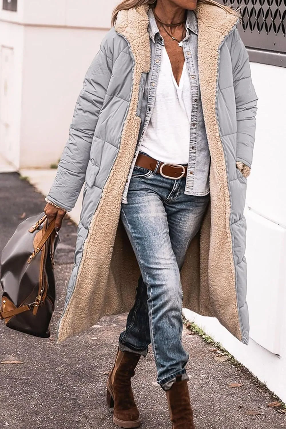 Canbebig Womens Winter Hooded Shearling Fleece Long Coat Quilted Puffer Jacket Reversible Zip Padded Coat Winter Warm Outwear