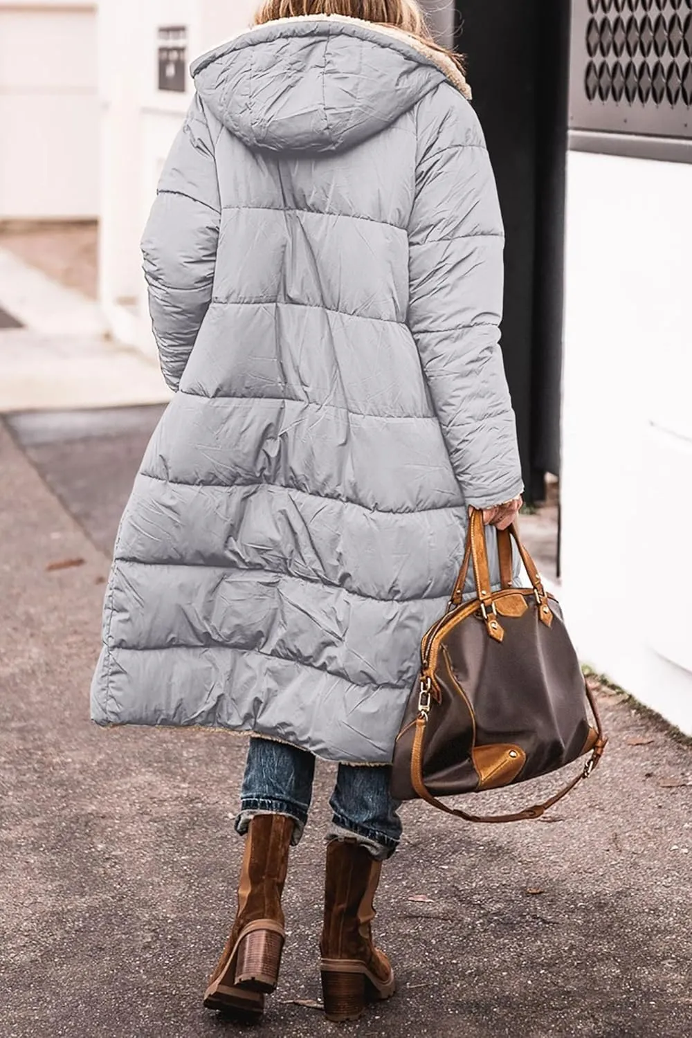 Canbebig Womens Winter Hooded Shearling Fleece Long Coat Quilted Puffer Jacket Reversible Zip Padded Coat Winter Warm Outwear