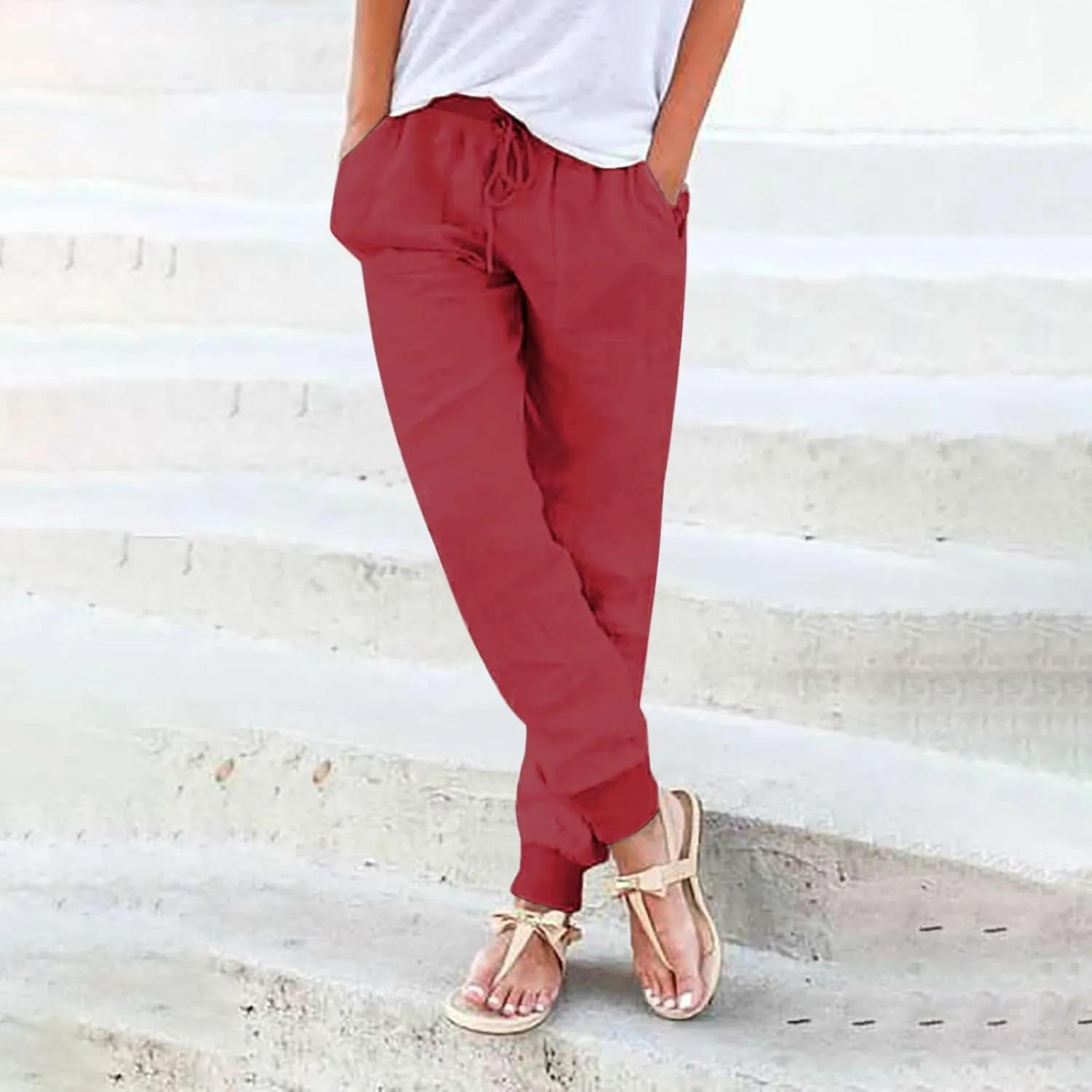 Casual Pants For Women Linen Elastic Waist Trousers Summer Baggy Straight Leg Comfort Tapered Pants with Pockets