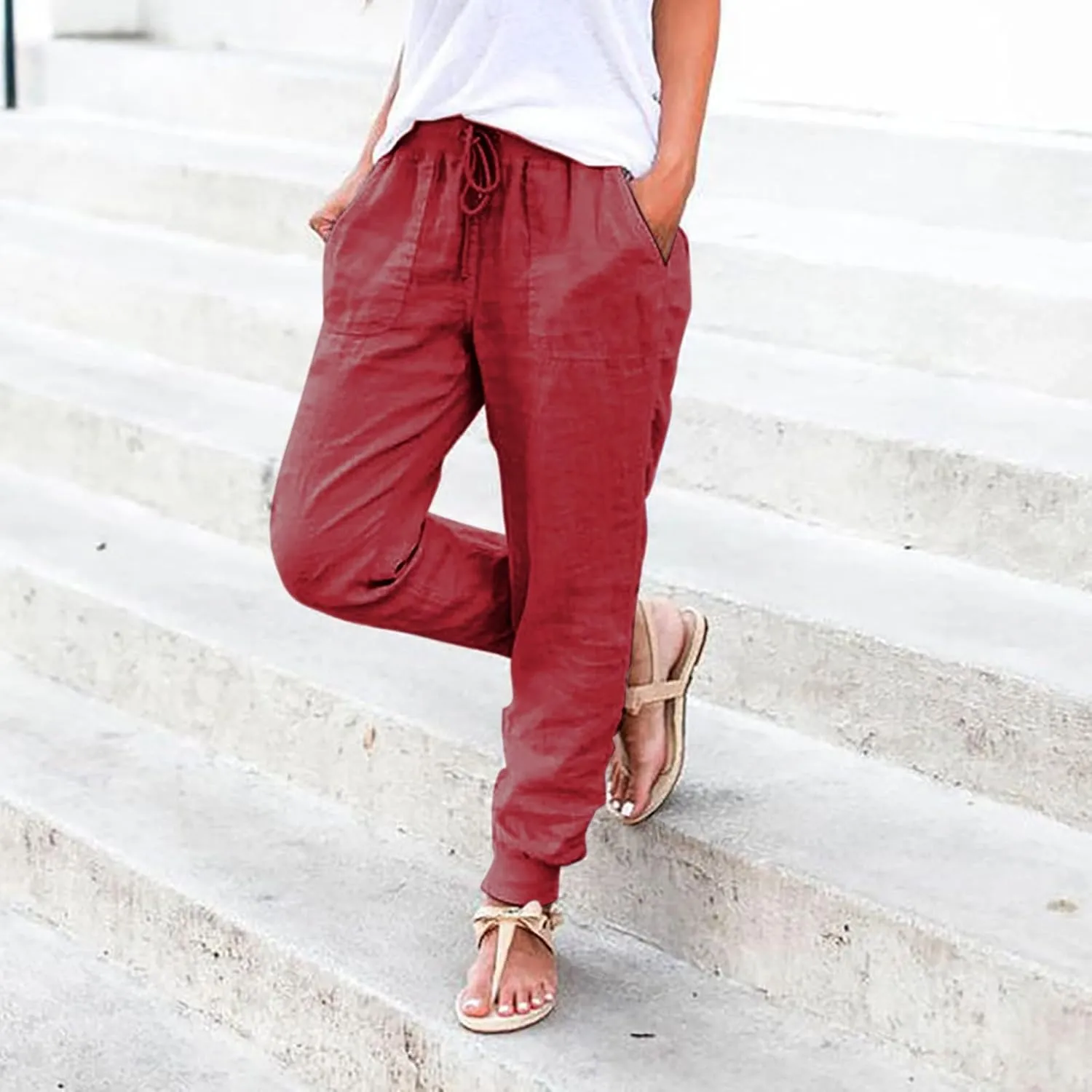 Casual Pants For Women Linen Elastic Waist Trousers Summer Baggy Straight Leg Comfort Tapered Pants with Pockets