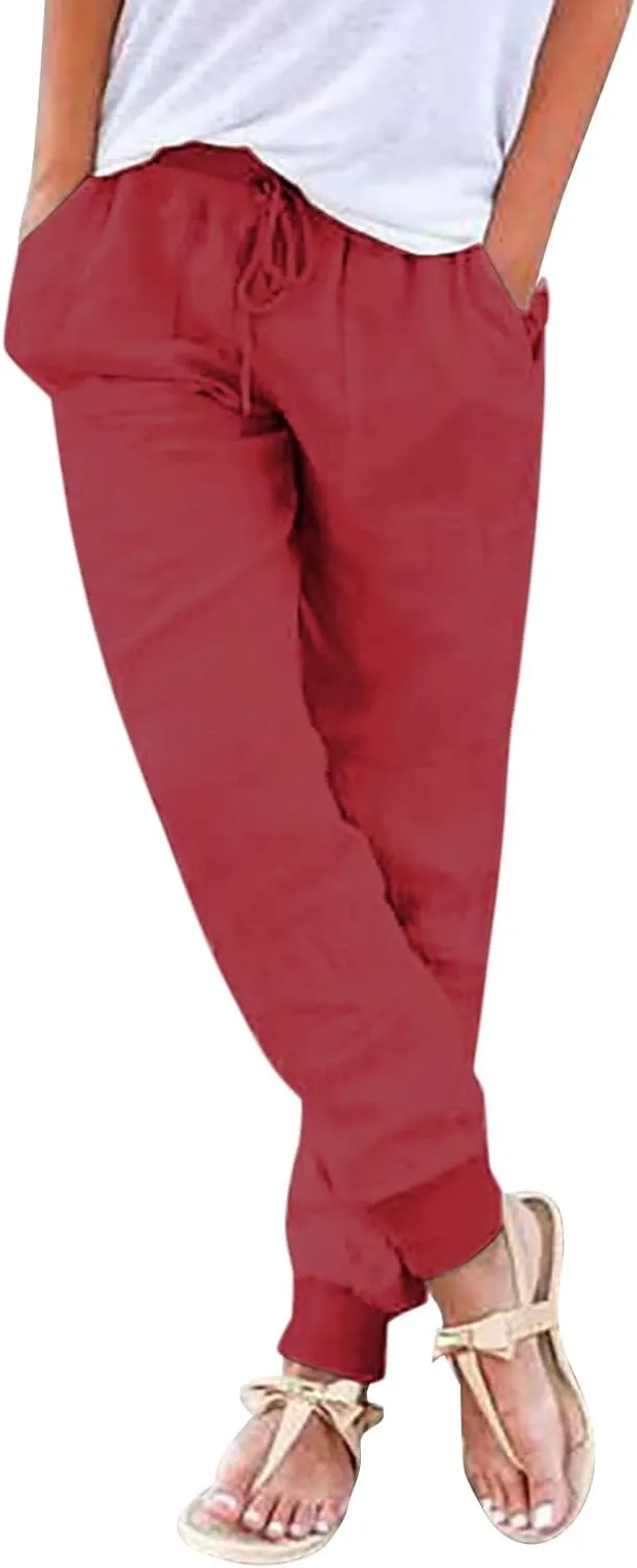 Casual Pants For Women Linen Elastic Waist Trousers Summer Baggy Straight Leg Comfort Tapered Pants with Pockets