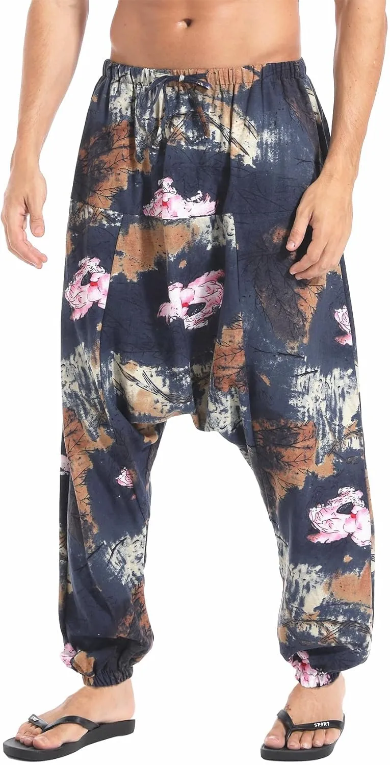CLANMILUMS Men Women Harem Pants Elastic Drawstring Waist Loose Fit Hippie Boho Aladin Yoga Pants