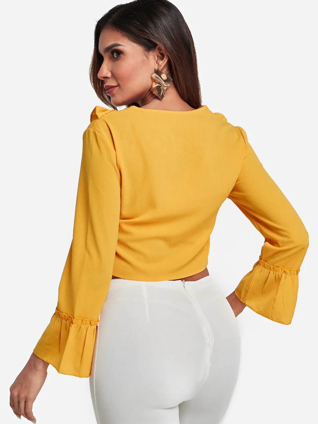 Custom V-Neck Lace-Up Long Sleeve Yellow Blouses