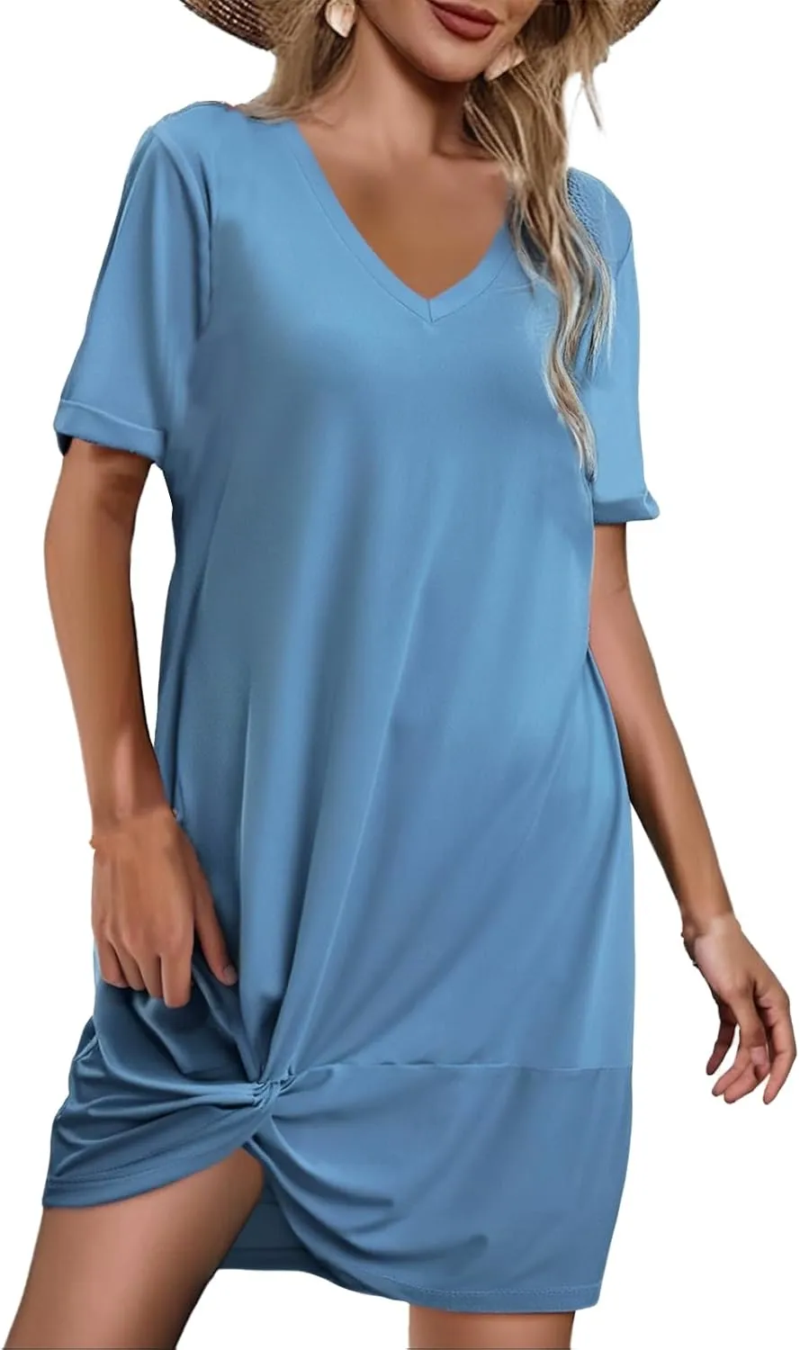 Dresses for Women Casual Loose Beach Dress V Neck Short Sleeve Knot Twist Tie T Shirt Dress Summer Fashion Sundresses