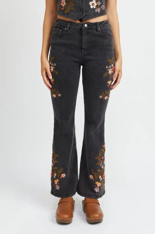 Floral Embroidered Denim Flare Pants