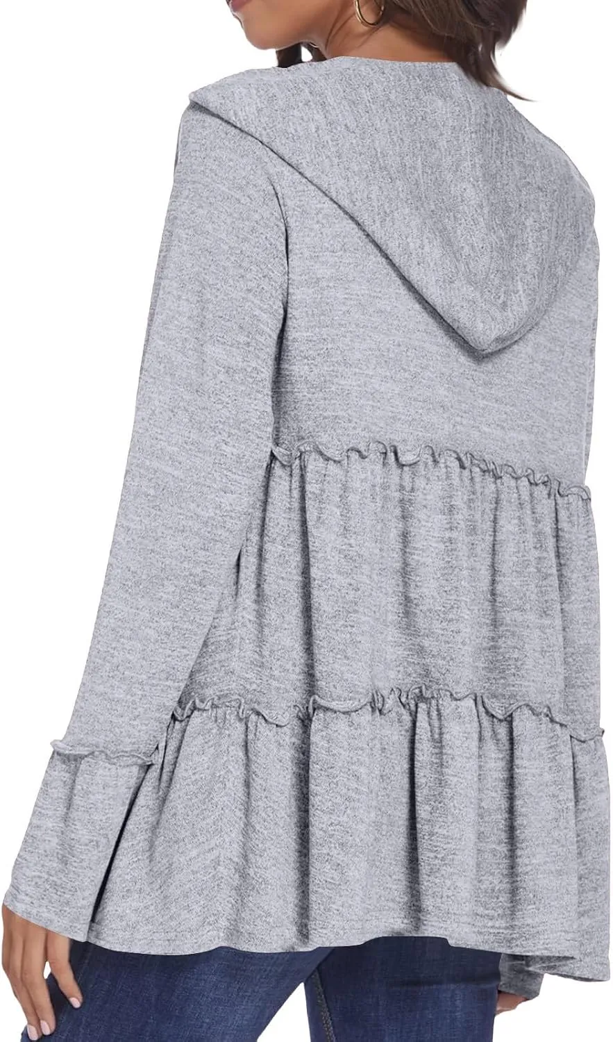 Full Zip Up Hoodie for Women Pleated Flowy Tiered Ruffle Hooded Shirt Lightweight Jacket Long Sleeve Babydoll Top Blouse
