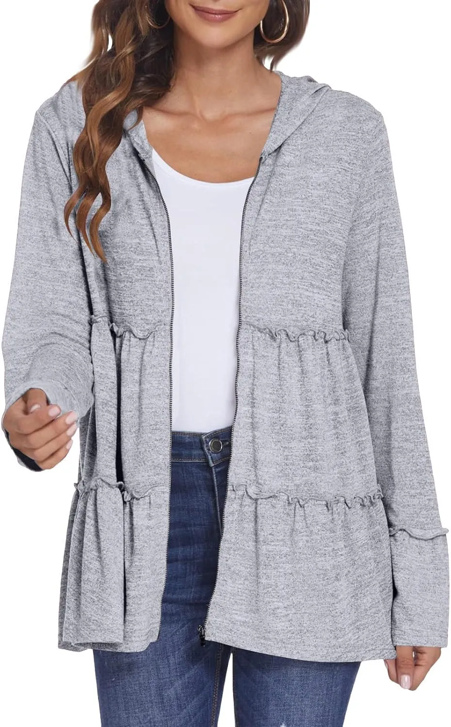 Full Zip Up Hoodie for Women Pleated Flowy Tiered Ruffle Hooded Shirt Lightweight Jacket Long Sleeve Babydoll Top Blouse