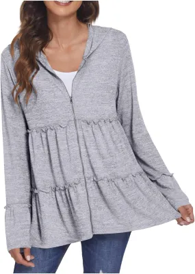 Full Zip Up Hoodie for Women Pleated Flowy Tiered Ruffle Hooded Shirt Lightweight Jacket Long Sleeve Babydoll Top Blouse