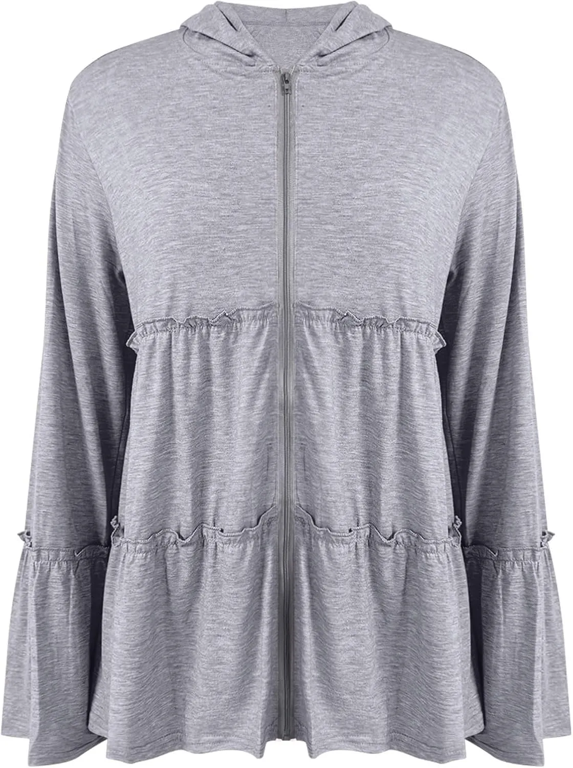 Full Zip Up Hoodie for Women Pleated Flowy Tiered Ruffle Hooded Shirt Lightweight Jacket Long Sleeve Babydoll Top Blouse