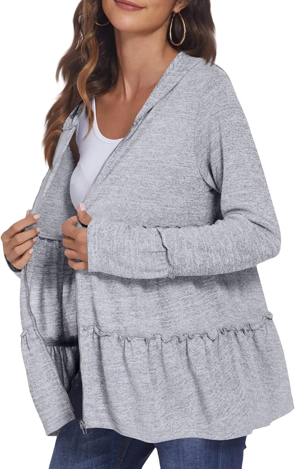 Full Zip Up Hoodie for Women Pleated Flowy Tiered Ruffle Hooded Shirt Lightweight Jacket Long Sleeve Babydoll Top Blouse