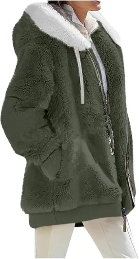 Fuzzy Fleece Jackets for Women Sherpa Lined Long Sleeve Full Zip Up Plush Jacket Loose Fit Hooded Warm Winter Coats