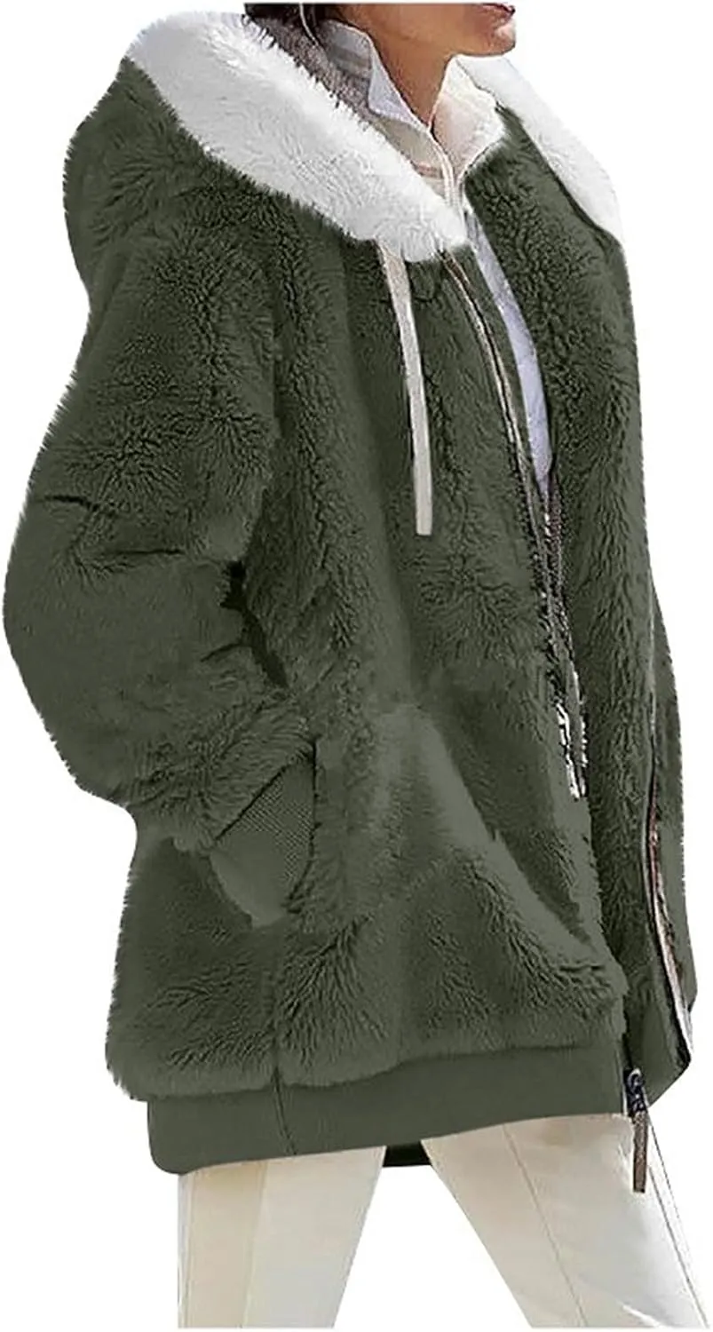 Fuzzy Fleece Jackets for Women Sherpa Lined Long Sleeve Full Zip Up Plush Jacket Loose Fit Hooded Warm Winter Coats
