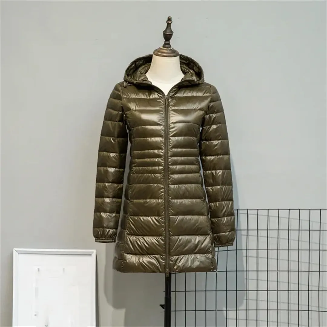 JNKIHAPOT Women Down Jacket Female Ultra Light Weight Hooded Long Puffer Coat Plus Size