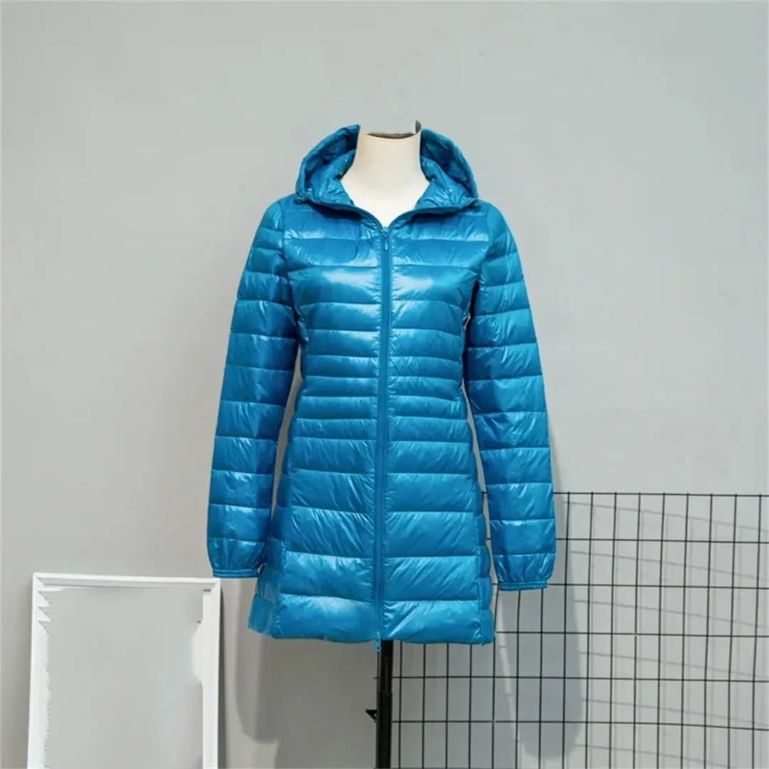 JNKIHAPOT Women Down Jacket Female Ultra Light Weight Hooded Long Puffer Coat Plus Size