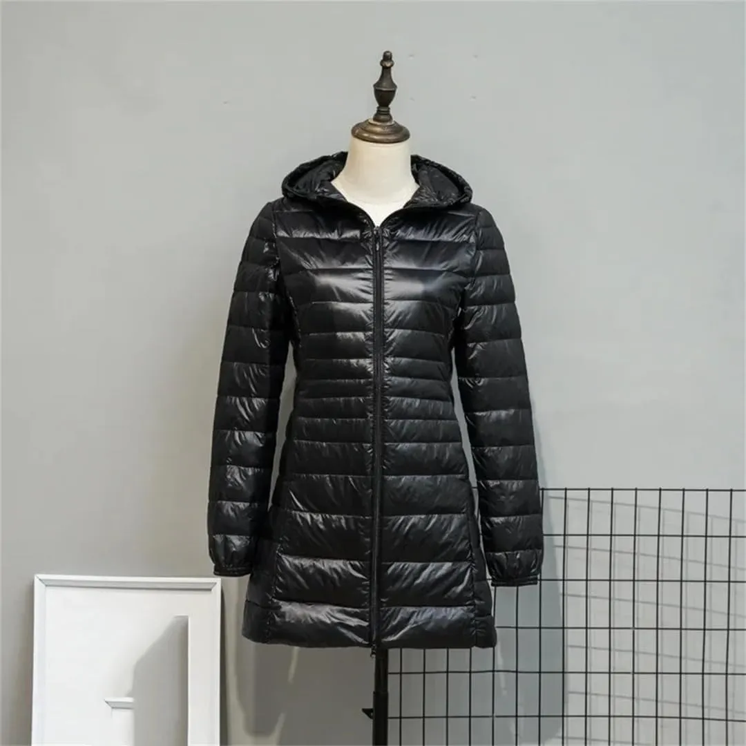 JNKIHAPOT Women Down Jacket Female Ultra Light Weight Hooded Long Puffer Coat Plus Size
