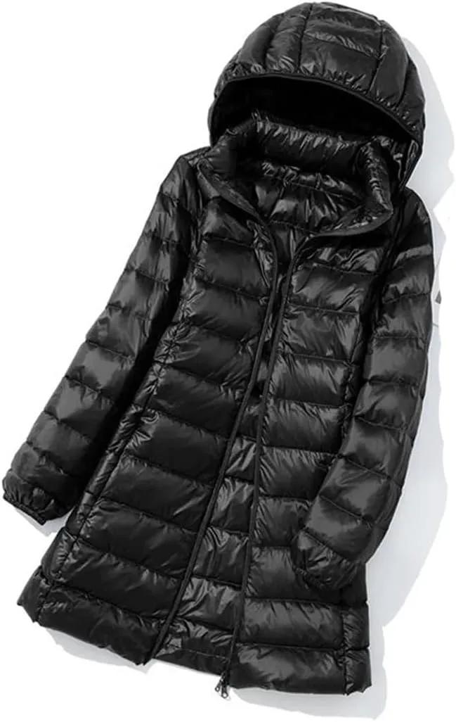 JNKIHAPOT Womens Winter Long Down Coat Ultra Light Thin Puffer Jacket Slim Casual Remove Hooded Parka