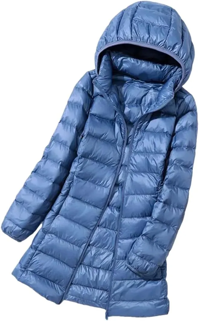 JNKIHAPOT Womens Winter Long Down Coat Ultra Light Thin Puffer Jacket Slim Casual Remove Hooded Parka