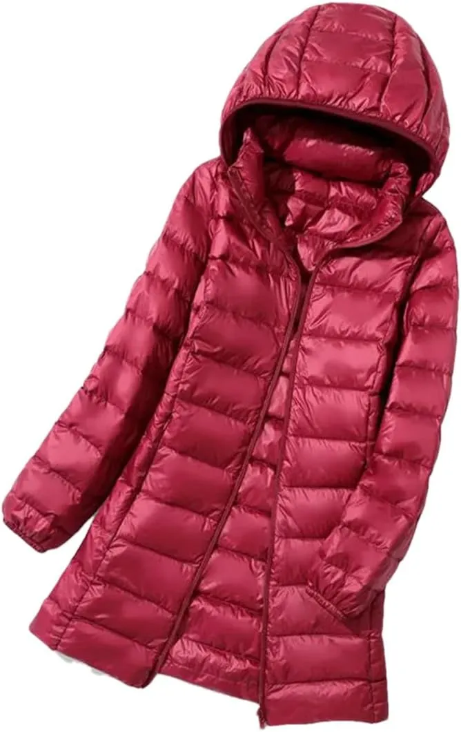 JNKIHAPOT Womens Winter Long Down Coat Ultra Light Thin Puffer Jacket Slim Casual Remove Hooded Parka