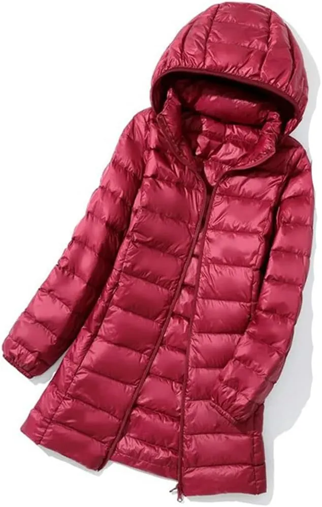 JNKIHAPOT Womens Winter Long Down Coat Ultra Light Thin Puffer Jacket Slim Casual Remove Hooded Parka