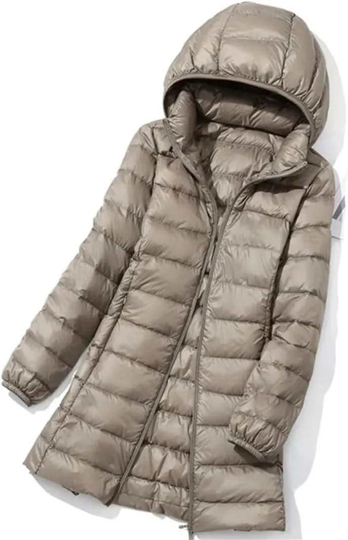 JNKIHAPOT Womens Winter Long Down Coat Ultra Light Thin Puffer Jacket Slim Casual Remove Hooded Parka