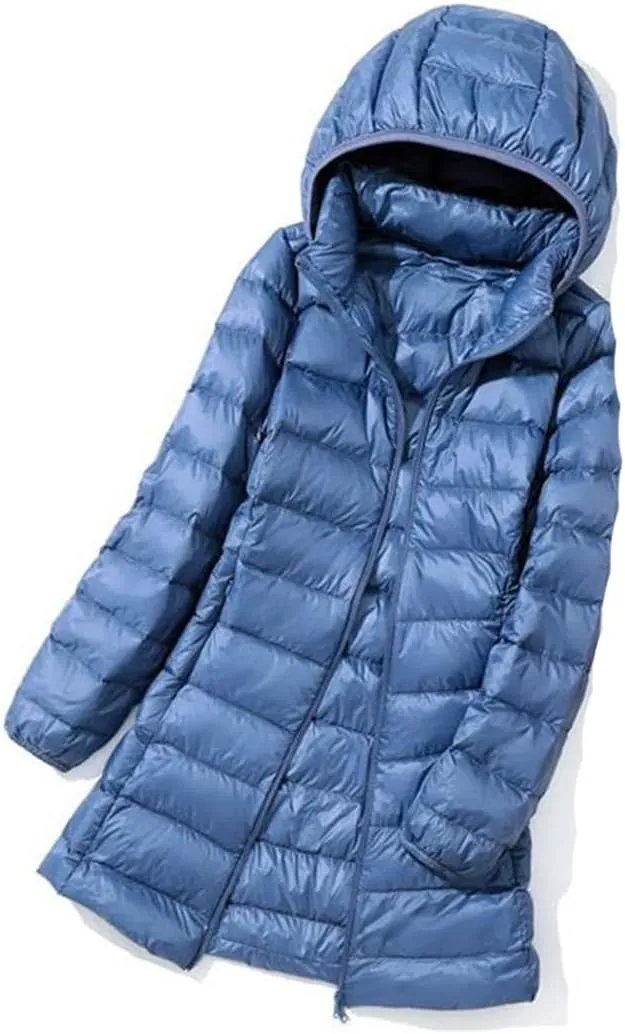 JNKIHAPOT Womens Winter Long Down Coat Ultra Light Thin Puffer Jacket Slim Casual Remove Hooded Parka