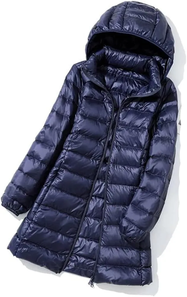 JNKIHAPOT Womens Winter Long Down Coat Ultra Light Thin Puffer Jacket Slim Casual Remove Hooded Parka