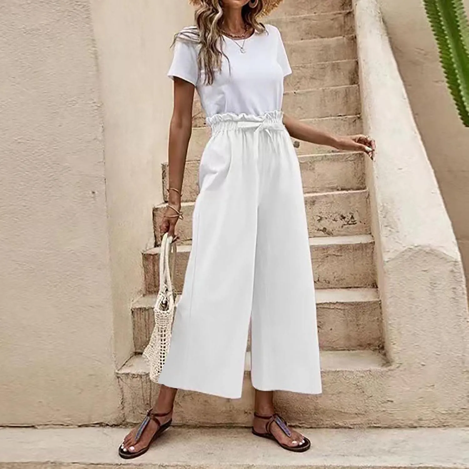 JOAU Womens High Waisted Palazzo Pant Ruched Tie Knot Wide Leg Long Trousers Straight Leg Business Work Casual Loose Pants