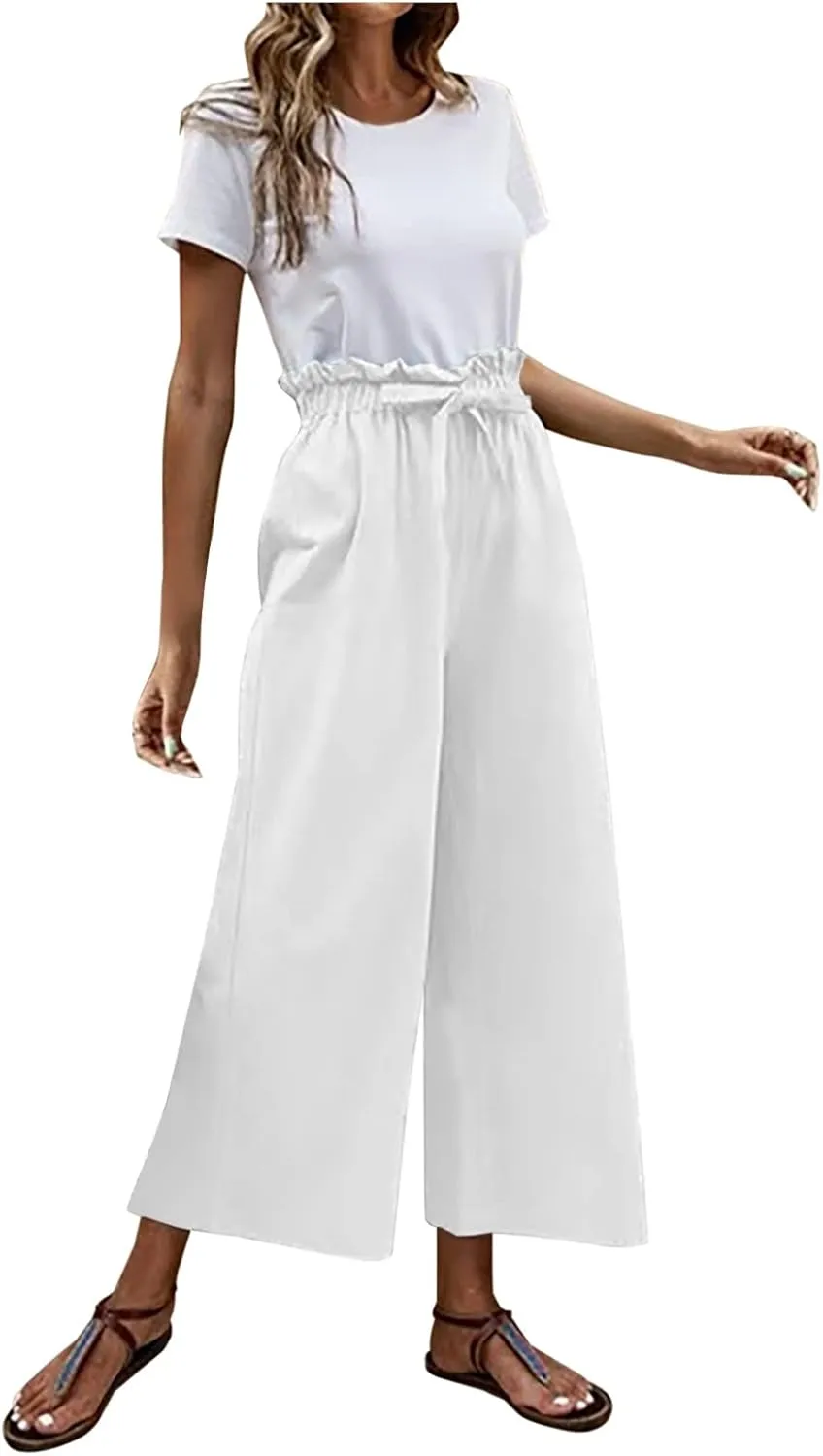JOAU Womens High Waisted Palazzo Pant Ruched Tie Knot Wide Leg Long Trousers Straight Leg Business Work Casual Loose Pants