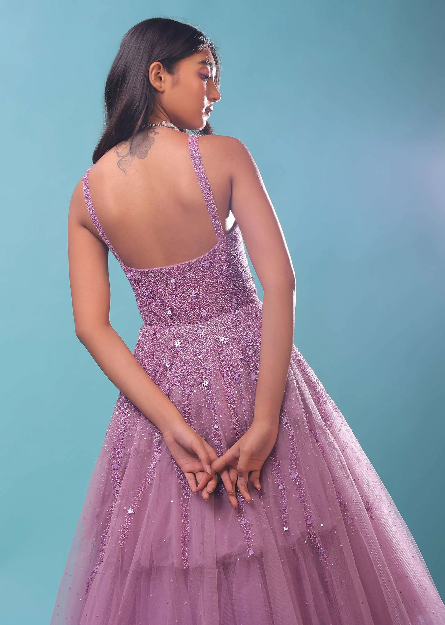 Lilac Sleeveless Gown In Multi-Color Moti Embroidery, Straight Neckline With Padding And Back Hooks Closure
