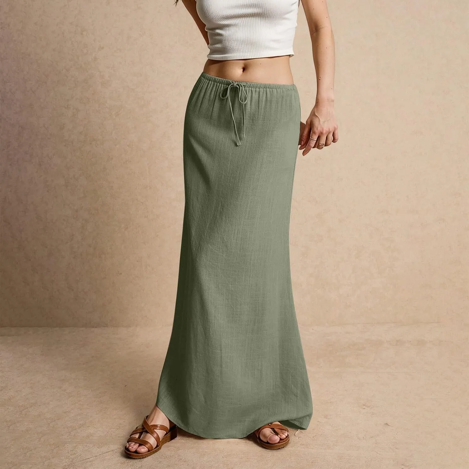 Linen Maxi Skirts for Women Summer Trendy Drawstring Waisted Comfy A Line Long Skirt Boho Flowy Vacation Beach Skirt