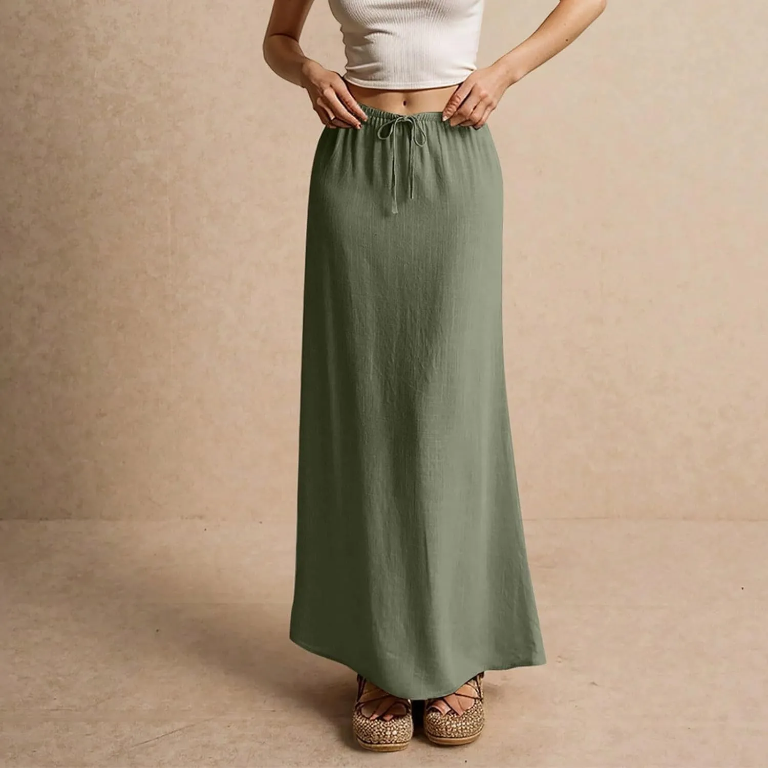 Linen Maxi Skirts for Women Summer Trendy Drawstring Waisted Comfy A Line Long Skirt Boho Flowy Vacation Beach Skirt