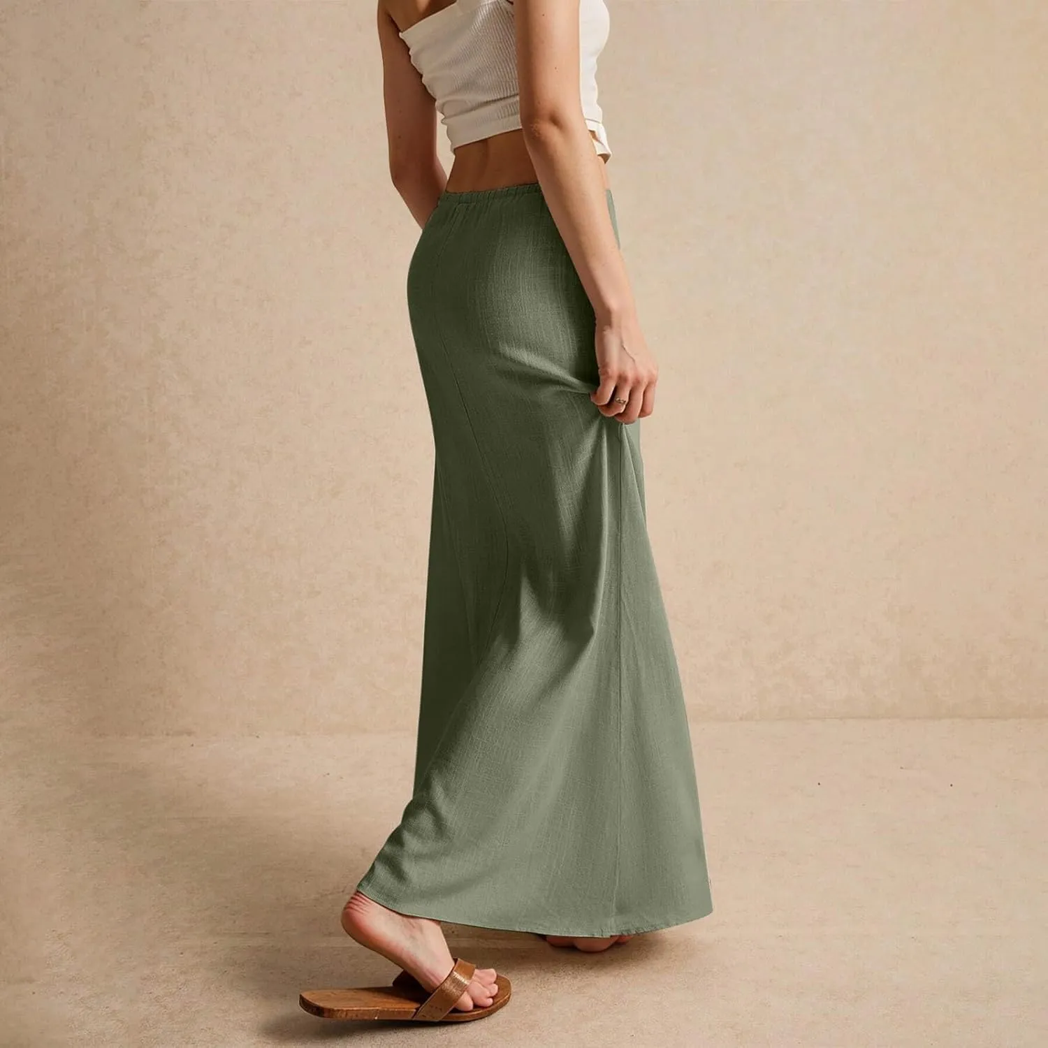 Linen Maxi Skirts for Women Summer Trendy Drawstring Waisted Comfy A Line Long Skirt Boho Flowy Vacation Beach Skirt