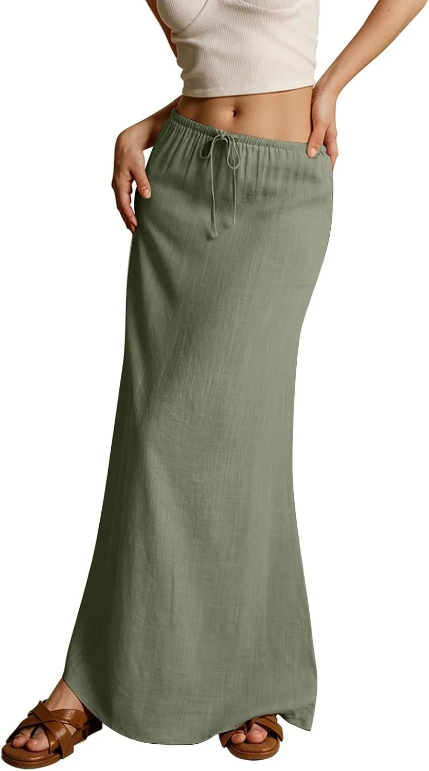 Linen Maxi Skirts for Women Summer Trendy Drawstring Waisted Comfy A Line Long Skirt Boho Flowy Vacation Beach Skirt
