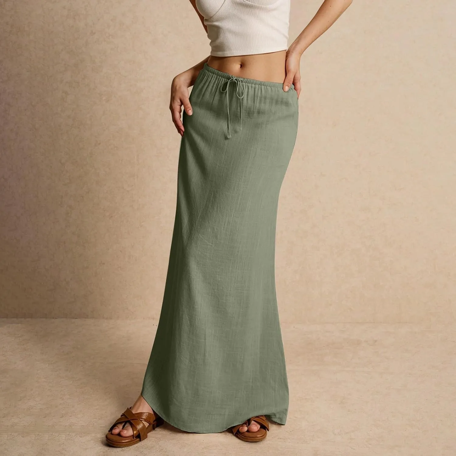 Linen Maxi Skirts for Women Summer Trendy Drawstring Waisted Comfy A Line Long Skirt Boho Flowy Vacation Beach Skirt