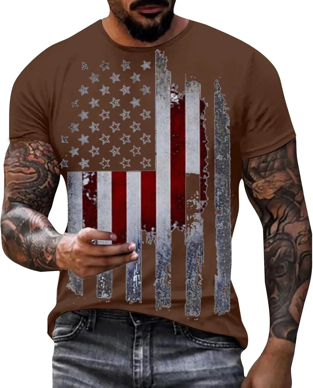 Men's 2024 Flag Shirt USA Flag Graphic 4th of July T-Shirt Crewneck Casual American Patriotic Golf Shirts for Men