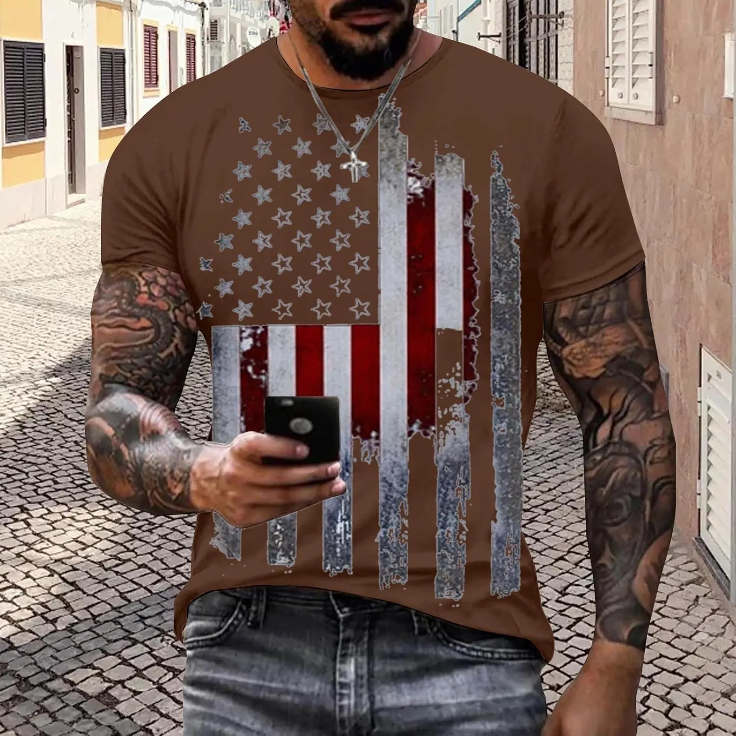 Men's 2024 Flag Shirt USA Flag Graphic 4th of July T-Shirt Crewneck Casual American Patriotic Golf Shirts for Men