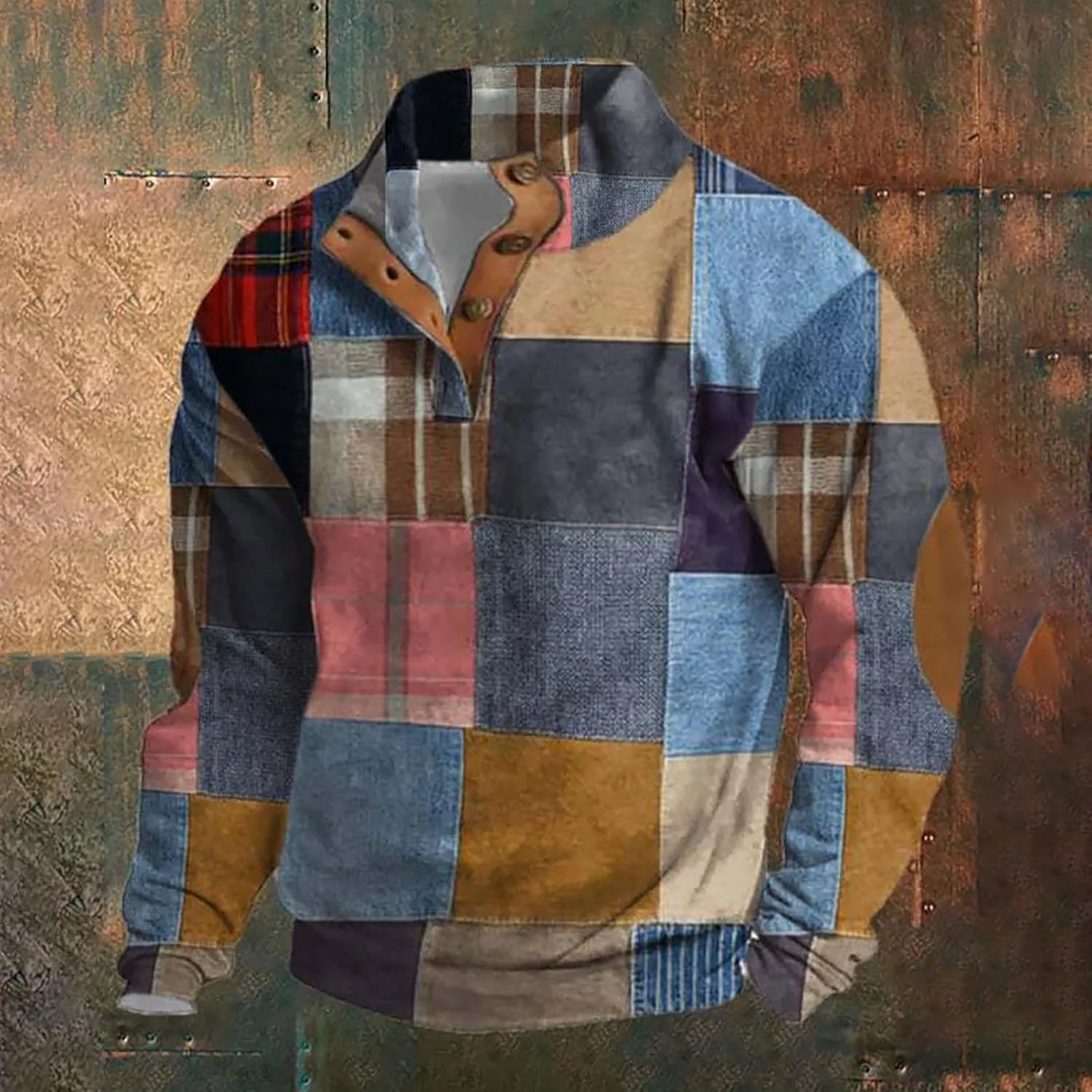 Men's Corduroy Sweatshirts Casual Printed Button Down Stand Collar Long Sleeve Henley Shirt Polo Pullover Sweatshirt